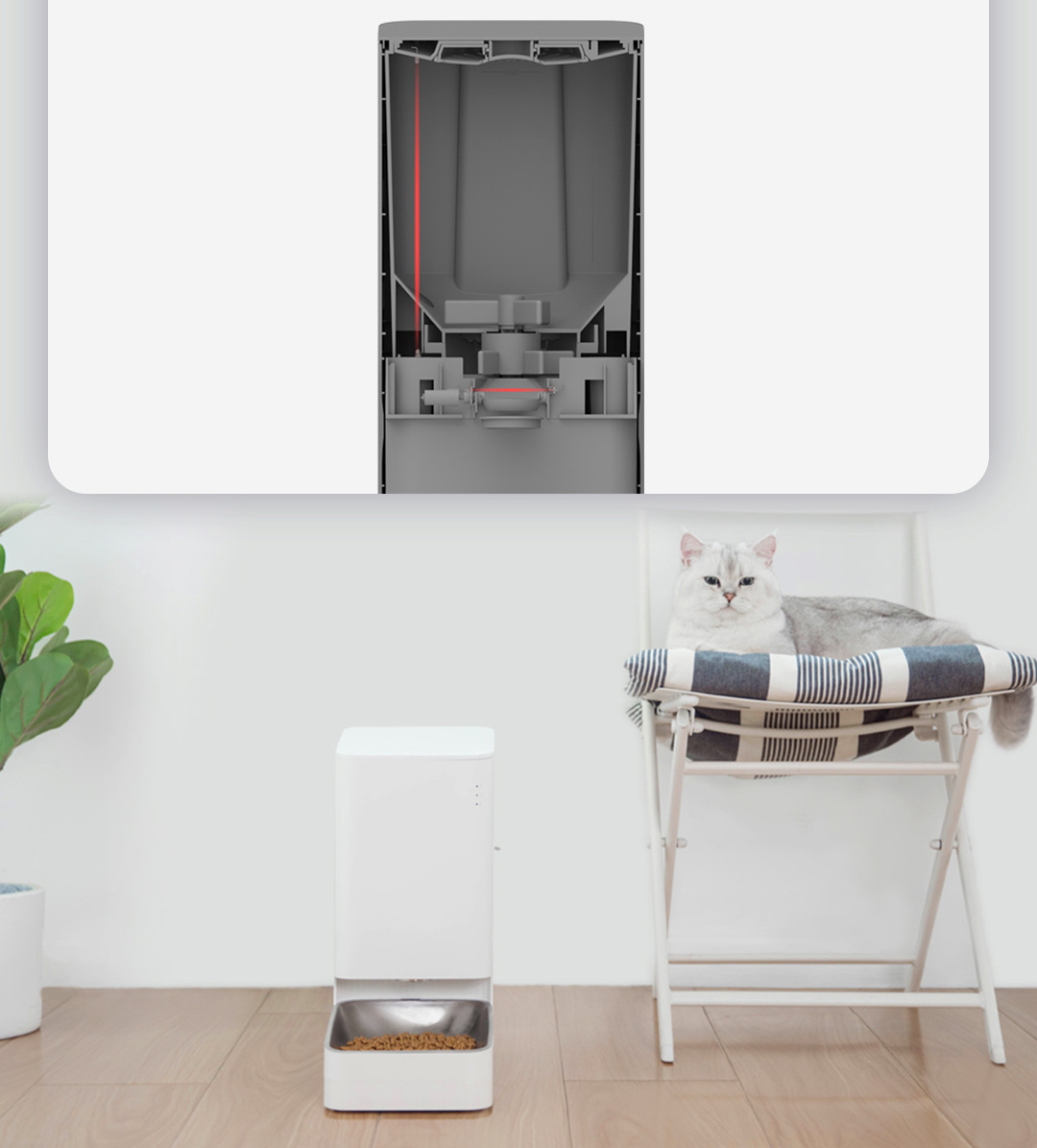 Smart Pet Feeder – automatic feeding, remote control and built-in emergency power supply. Smart Pet Feeder - automatic feeding, remote control and built-in emergency power supply.